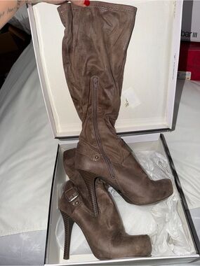 BCBGeneration Brown High Heel Mid-Calf Boots with Buckle